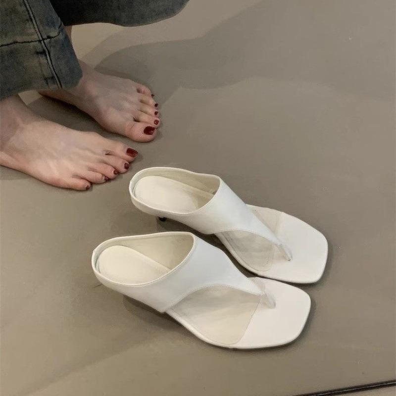 Leather outer wear retro high heels women's head open-toed sandals simple temperament thin heels flip-flops shoes