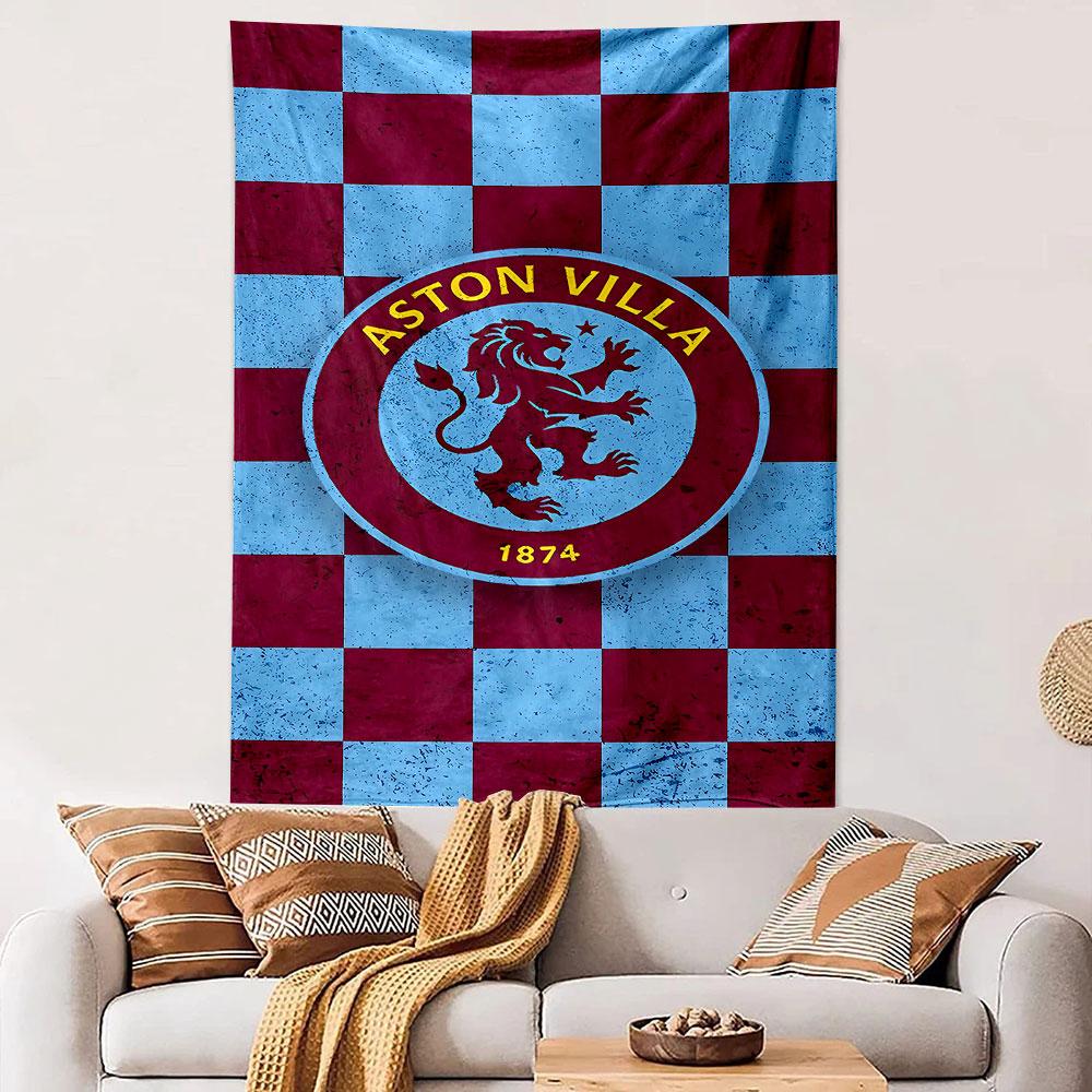 Aston Villa Football Club Oval Crest Wall Tapestry Lion Emblem Claret Light Blue Checkered Decor for Fan Bedroom Man Cave Gift