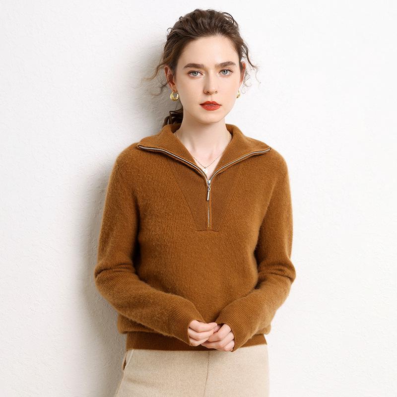 2024 Autumn/Winter Women's Cashmere Polo Collar Sweater with Yuanbao Stitch and Zipper - Long Sleeve, Warm, Versatile Knit.