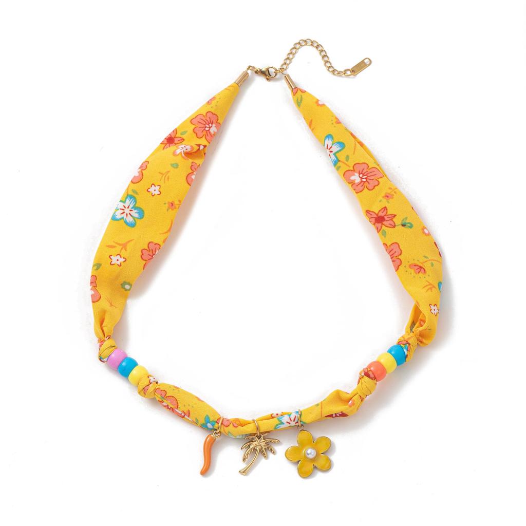 Colorful Marine Life Necklace with Shell Pendants & Silk Scarf - Gold Plated, European & American Beach Series