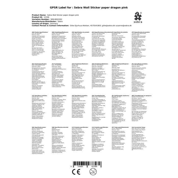 Sebra stickers muraux Règle à mesurer Dragon en papier rose