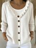 European V-Neck Ruffle Trim Knit Cardigan - Solid Color Casual Autumn/Winter Sweater for Women