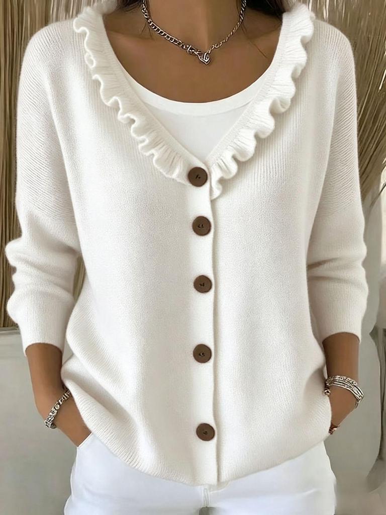 European V-Neck Ruffle Trim Knit Cardigan - Solid Color Casual Autumn/Winter Sweater for Women