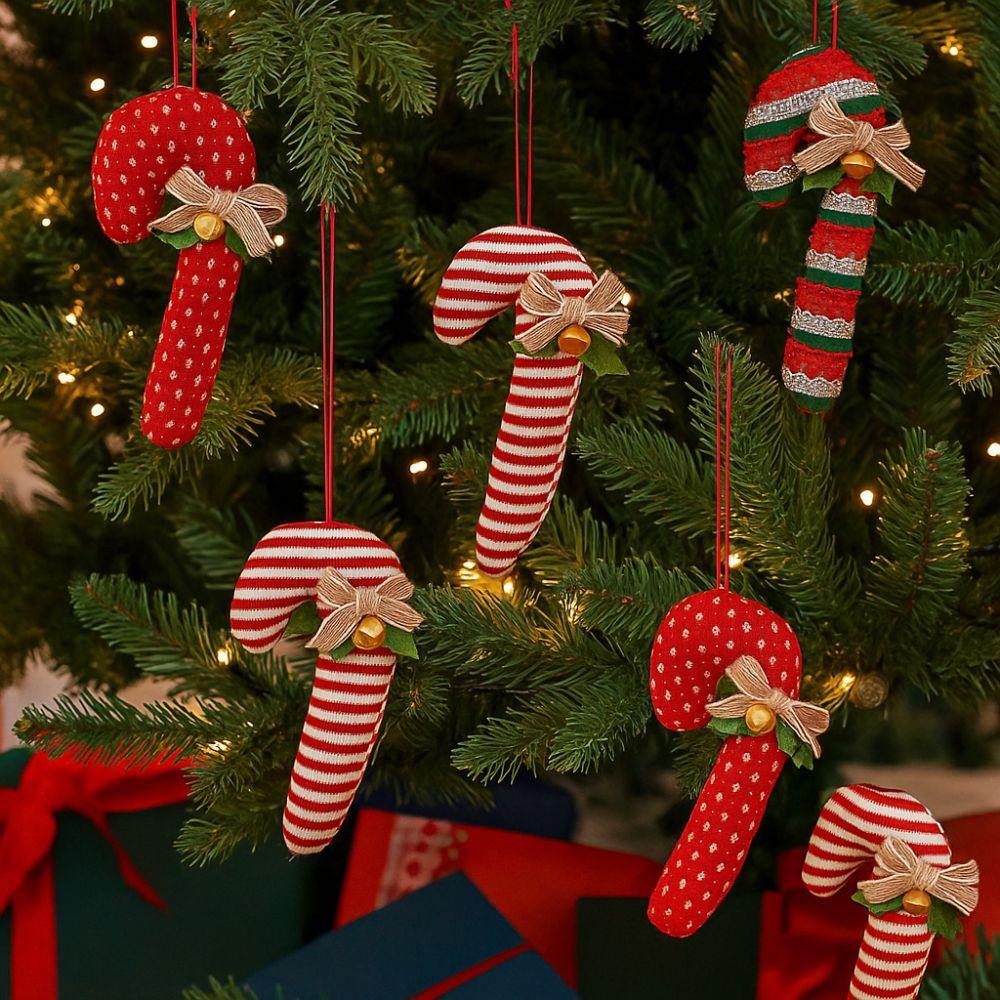Red White Christmas Candy Cane Pendan Bell Bow Cartoon Hanging Lollipop Ornament Cloth Decortative Candy Ornament