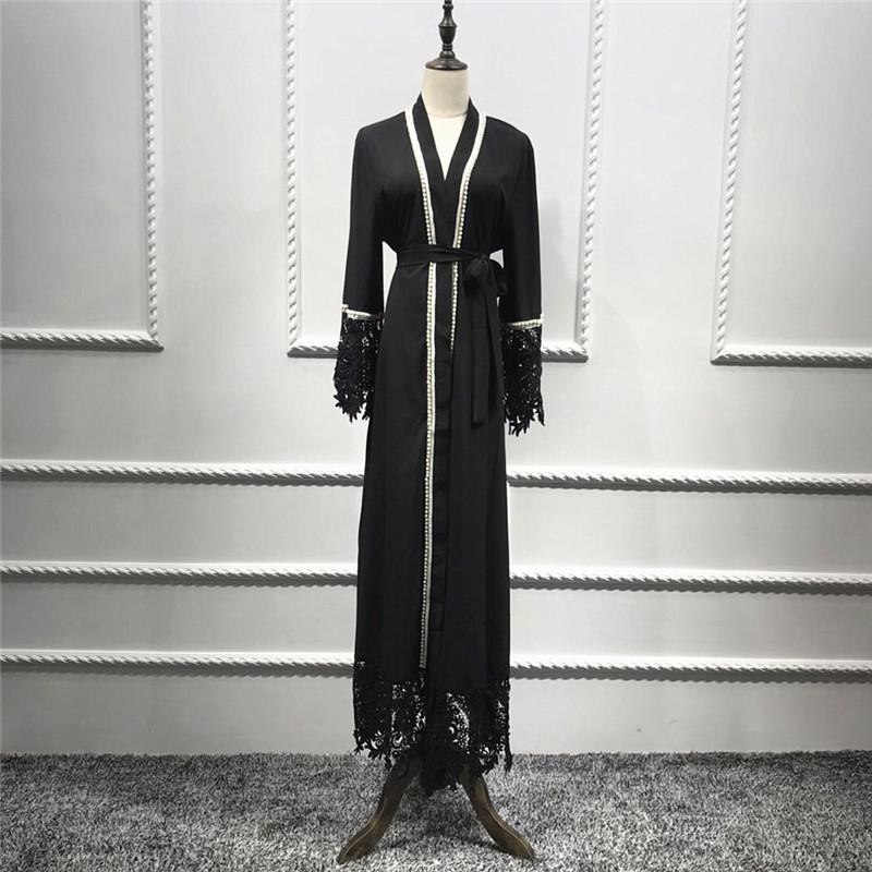 Black Lace Pearl Middle Eastern Style Long Cardigan for Women