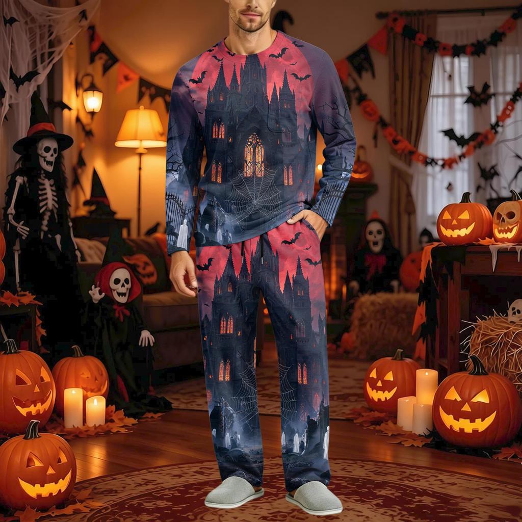 Men's Halloween Pajama Set Long Sleeve with Button Fly and Elastic Waist Drawstring for Sleepwear