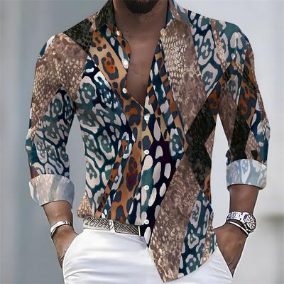 Men's Light Luxury Style Color Block Print Long-Sleeve Shirt, Business Casual Versatile Lapel Loose Fit Fashion Shirt