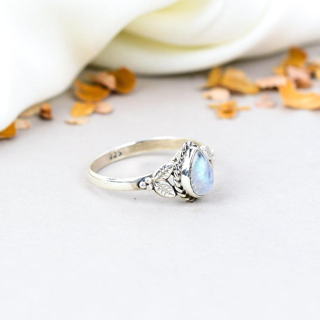 Rainbow Moonstone 925 Sterling Silver Pear Gemstone Boho Style Handmade Ring For Women