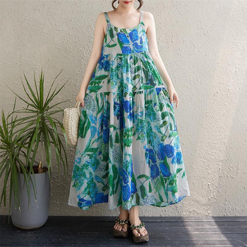 Summer Thin Print Patchwork Maxi Dress with Loose Slimming Fit and Large Hem