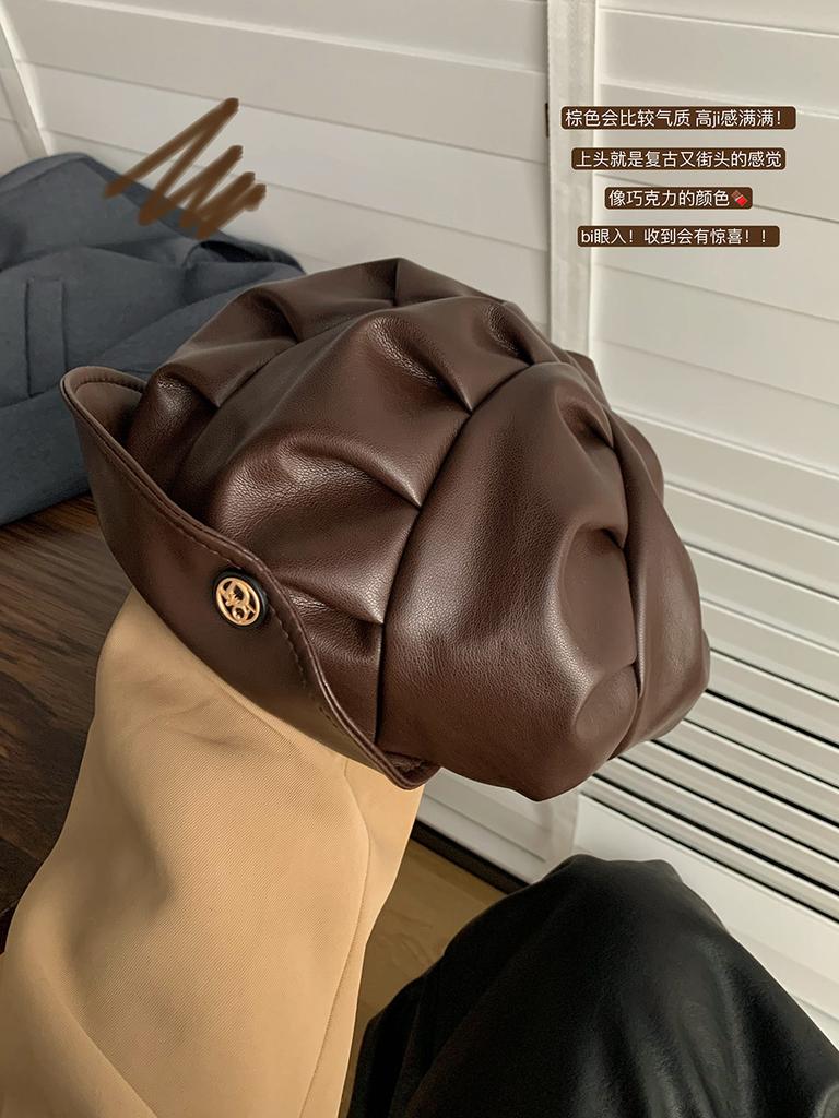 Japanese High-Quality Pleated Leather Beret Children Autumn And Winter Big Head Circumference Literary And Retro Octagonal Hat Painter Hat Tide