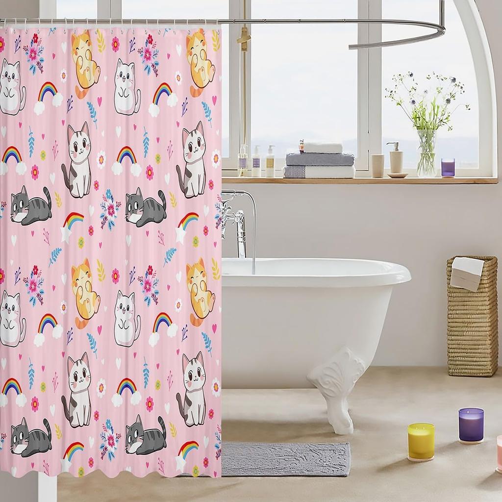Cute Floral Cat Shower Curtain Cartoon Pet Animal Fabric Shower Curtain Colorful Kitten Flowers Bathroom Curtains Romantic