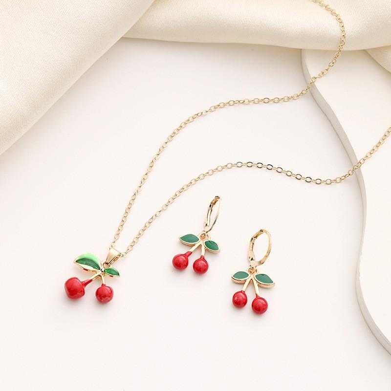 Sweet Cherry Necklace And Earring Set For Women Cute Fruit Jewelry Summer Accessories