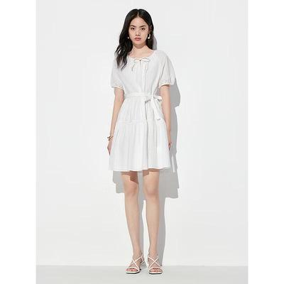 PEACEBIRD Women's Short Sleeve Round Neck Waist-Cinching Mini Dress