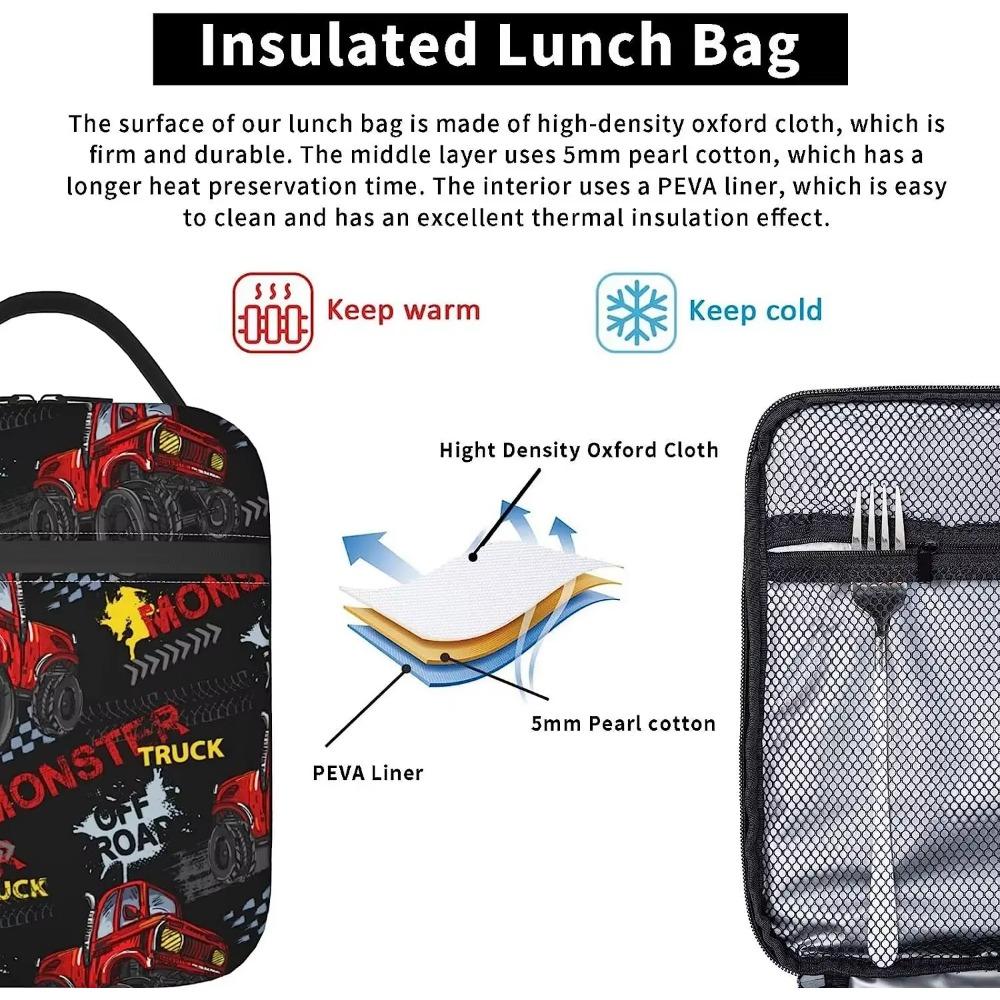 Cool Red Trucks Cars Lunch Bag Insulated Lunch Box for Adults Boys Girls Durable Portable Cooler Tote for Travel Picnic