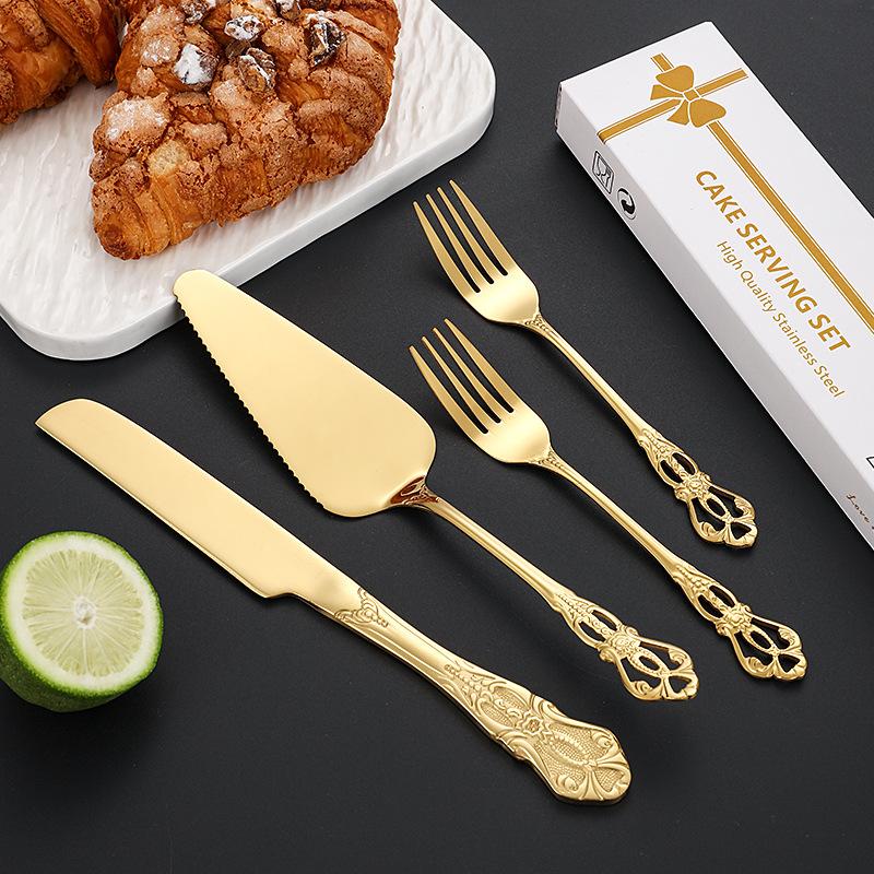 Stainless Steel Cake Cutting Set, Elegant Gold Cake Cutter and Cake Server with Small Forks, Use for Home, Anniversary, Birthday, Wedding, Party