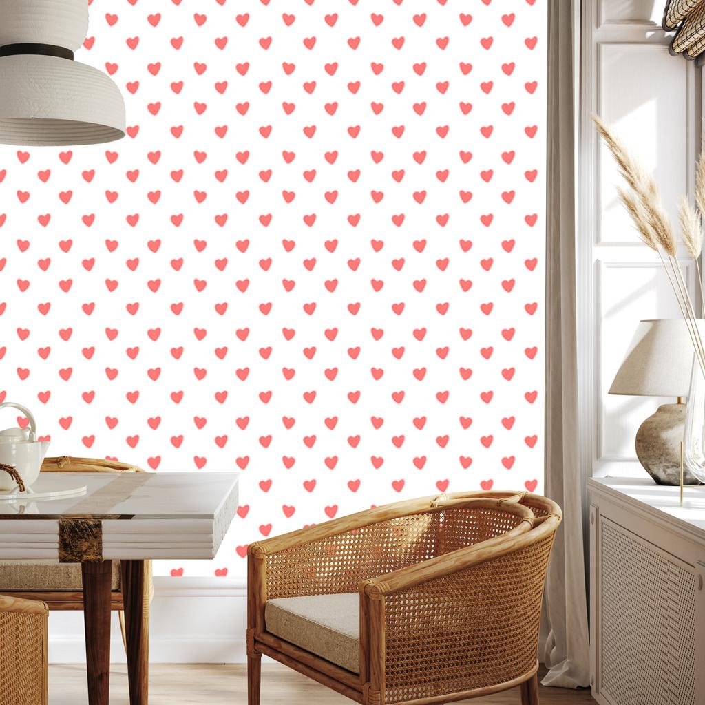 Hearts Wallpaper White and Coral 50x1000