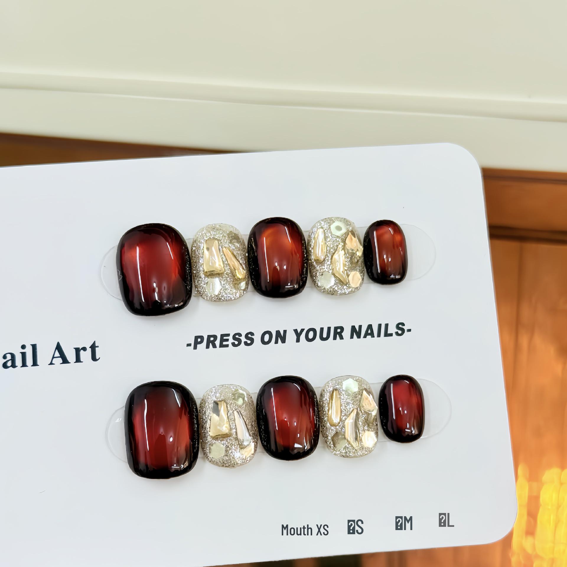 Sunset Red Handmade Cat Eye Nails - Elegant Autumn/Winter Light Luxury Style S