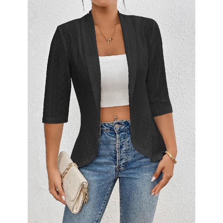 Fashionable Four-Season Casual Commute Hollow out Solid Open Front Jacket Outerwear for Everyday Use