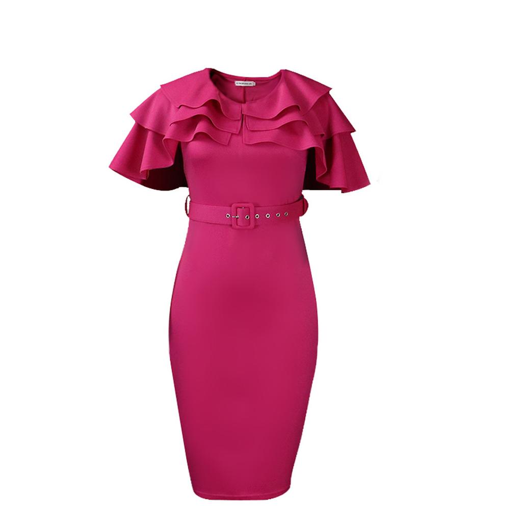 Großes Damen-Sommermode-Rüschenkleid, einteiliges, einfarbiges Etuikleid mit Gürtel