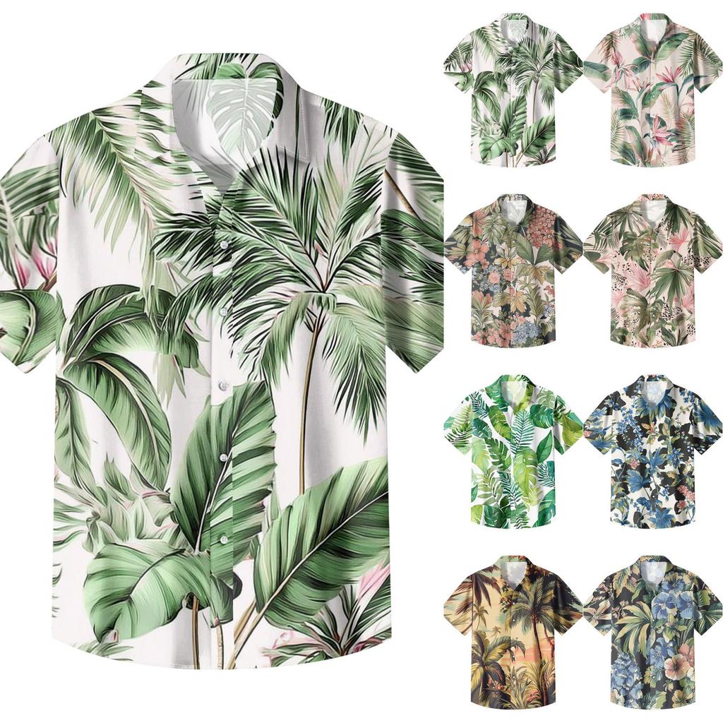 Men's Casual Loose Fit Hawaiian Print Short Sleeve Shirt Lightweight Breathable Summer Beachwear Button Down Shirt