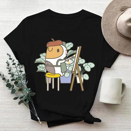 Cartoon Cute Hamster Cartoon Cute Hamster Baby Round Neck Big Size Round Neck Black T-shirt Woman Tops