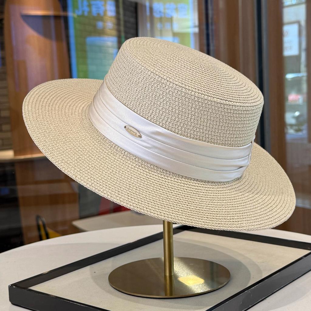 Celebrity Style Flat Top Straw Hat Women's Spring and Summer New Flat Top Top Hat Elegant Satin Temperament Straw Sun Hat