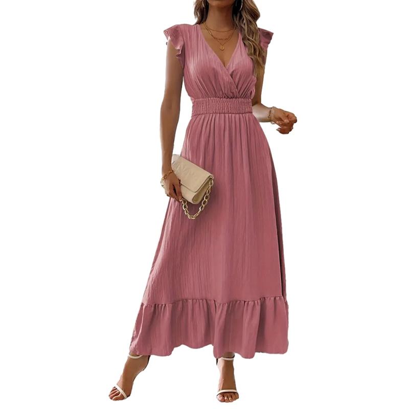 Women Solid Color V-neck Slim Short Sleeve Dress Summer Long Dress