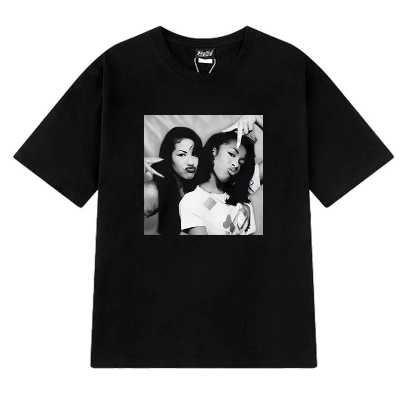 Fashion Aaliyah n Selena printed Graphic street Hip Hop Tee shirt 100 Cotton Unisex Women short sleeve Tshirts vintage Unisex Top