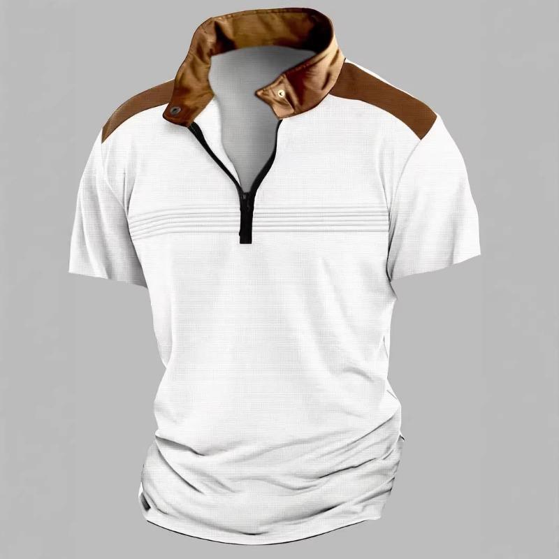 Men Waffle Knit Half Zip Polo Shirt Short Sleeve Contrast Collar Casual Top S белый