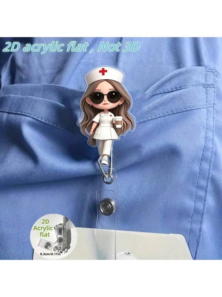 []1Pc Cute Nurse-Themed Retractable Badge Holder With Id Clip - Acrylic Medical Staff Name Tag Reel For Doctors, Rn, Lpn