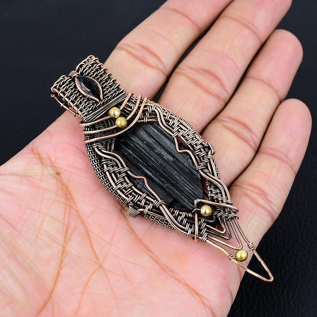 Black Tourmaline Gemstone Pure Copper Wire Wrapped Handmade Pendant Jewelry Gift