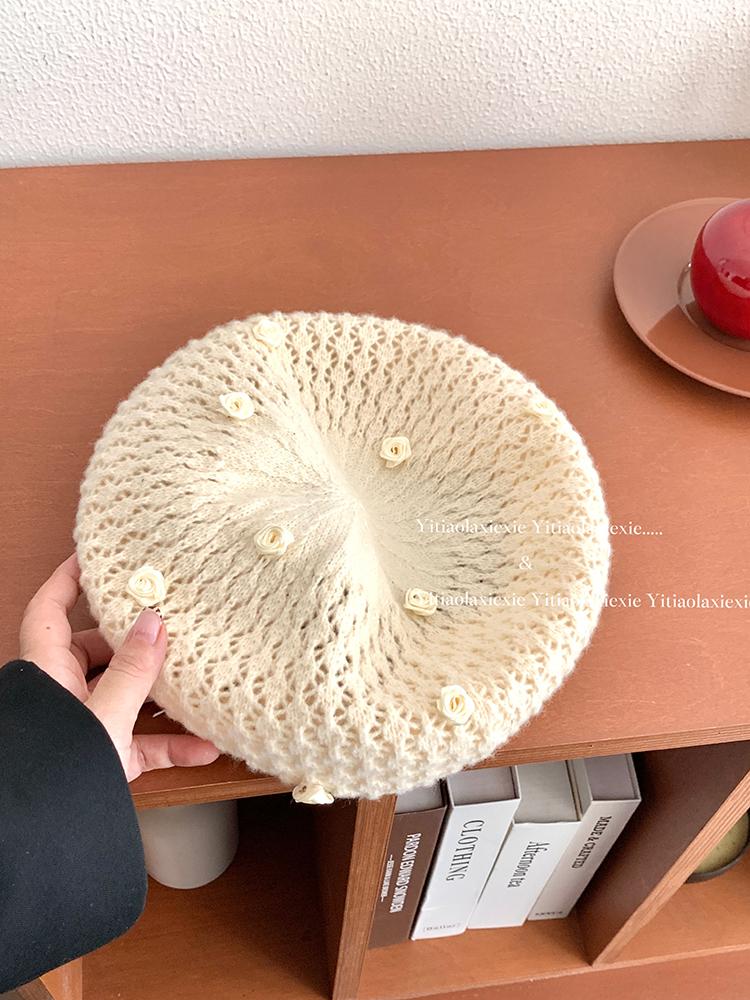 Rose hollow knitted beret women's thin face small painter hat versatile big head circumference hat tide