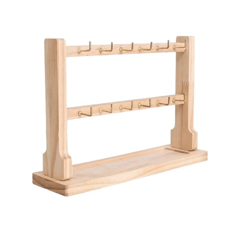 Wooden Jewelry Display Stand: Earring, Keychain, Bracelet Holder with Hooks and Bead String Storage