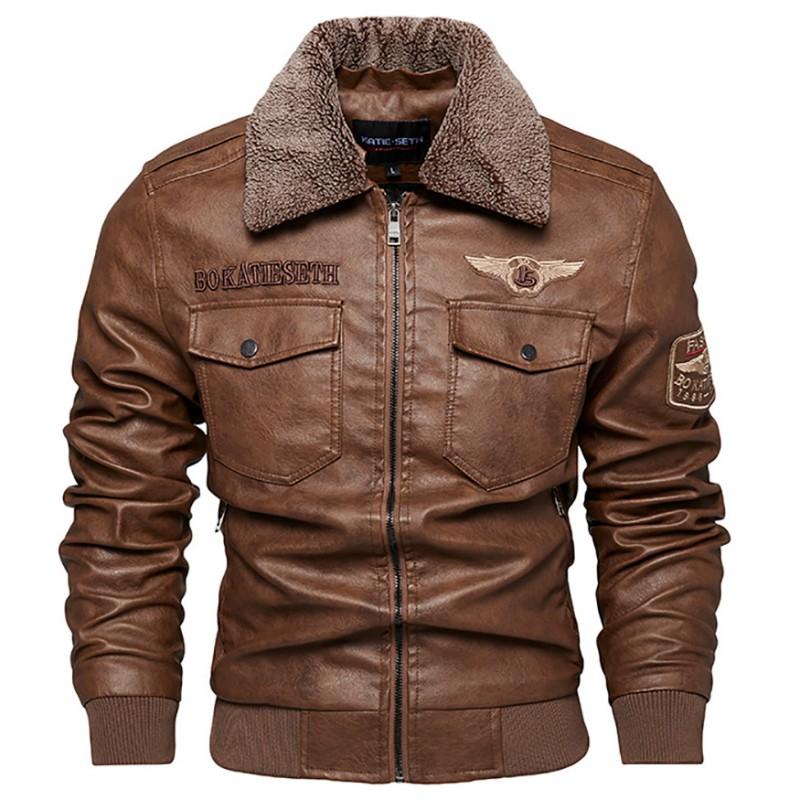 Mens Faux Leather Biker Jacket Winter Warm Lined Oversized Casual Coat With Zipper Pockets Embroidered Patch