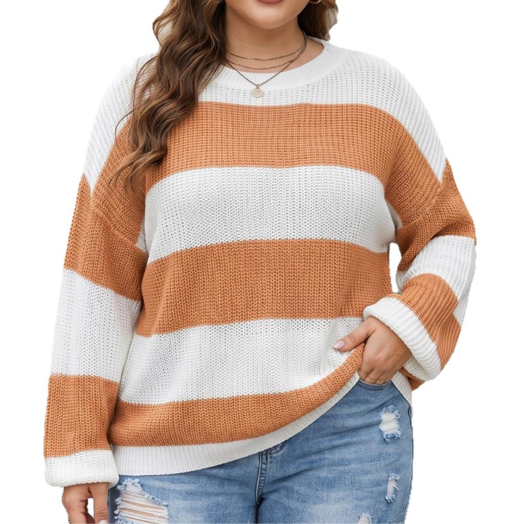 Women'S Top Plus Size Women'S Clothing Style Winter Warm Contrasting Striped Intercolor Pullover Sweater