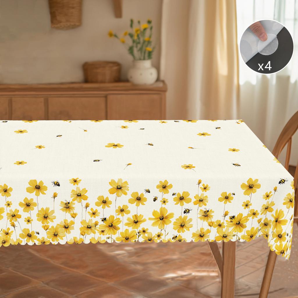 1 sztuka okrągłych i prostokątnych obrusów o tematyce wiosenno-letniej, dostępnych w różnych rozmiarach, z nadrukiem we wzór żółtych stokrotek i pszczół