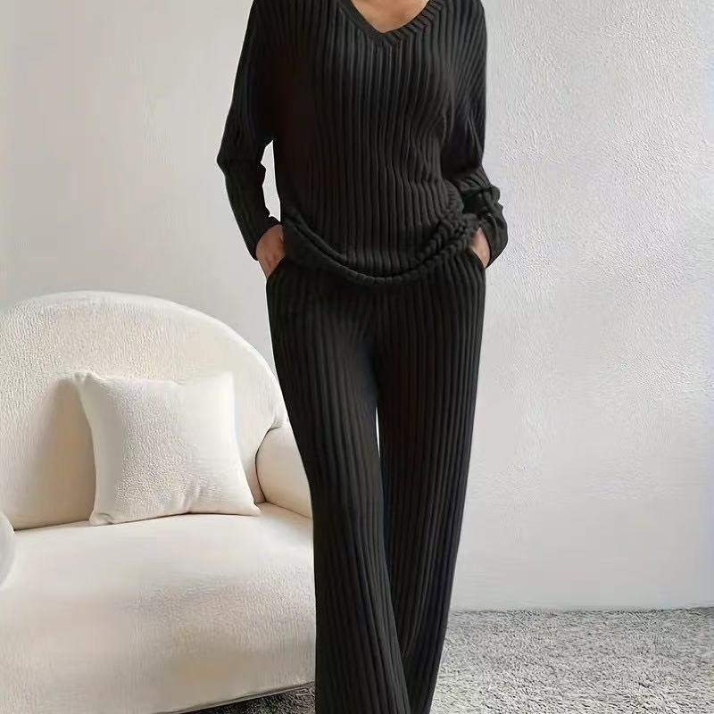 Women's Autumn 2025 Fashion: Rib-Knit V-Neck Set with Casual Straight-Leg Pants