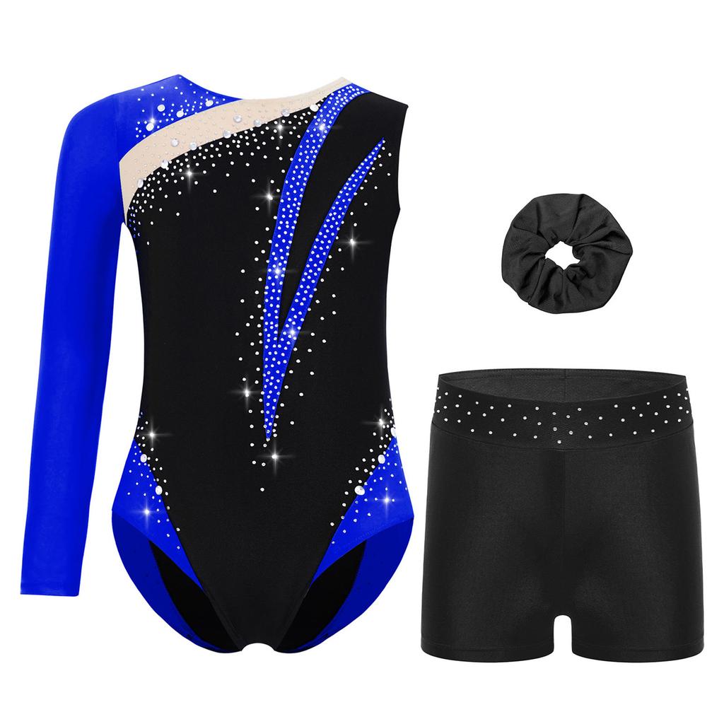 Girls Rhinestone Color Block Asymmetrical Leotard Round Neck Gymnastics Skating Outfit Set