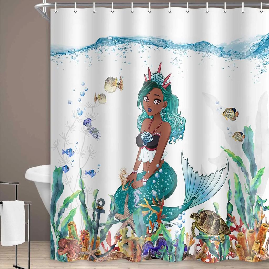 Mermaid Shower Curtain Tail Fish Girls Kids Cartoon Ocean Heart Colorful Purple Hair Seaweed Bath Decor with Hooks Waterproof
