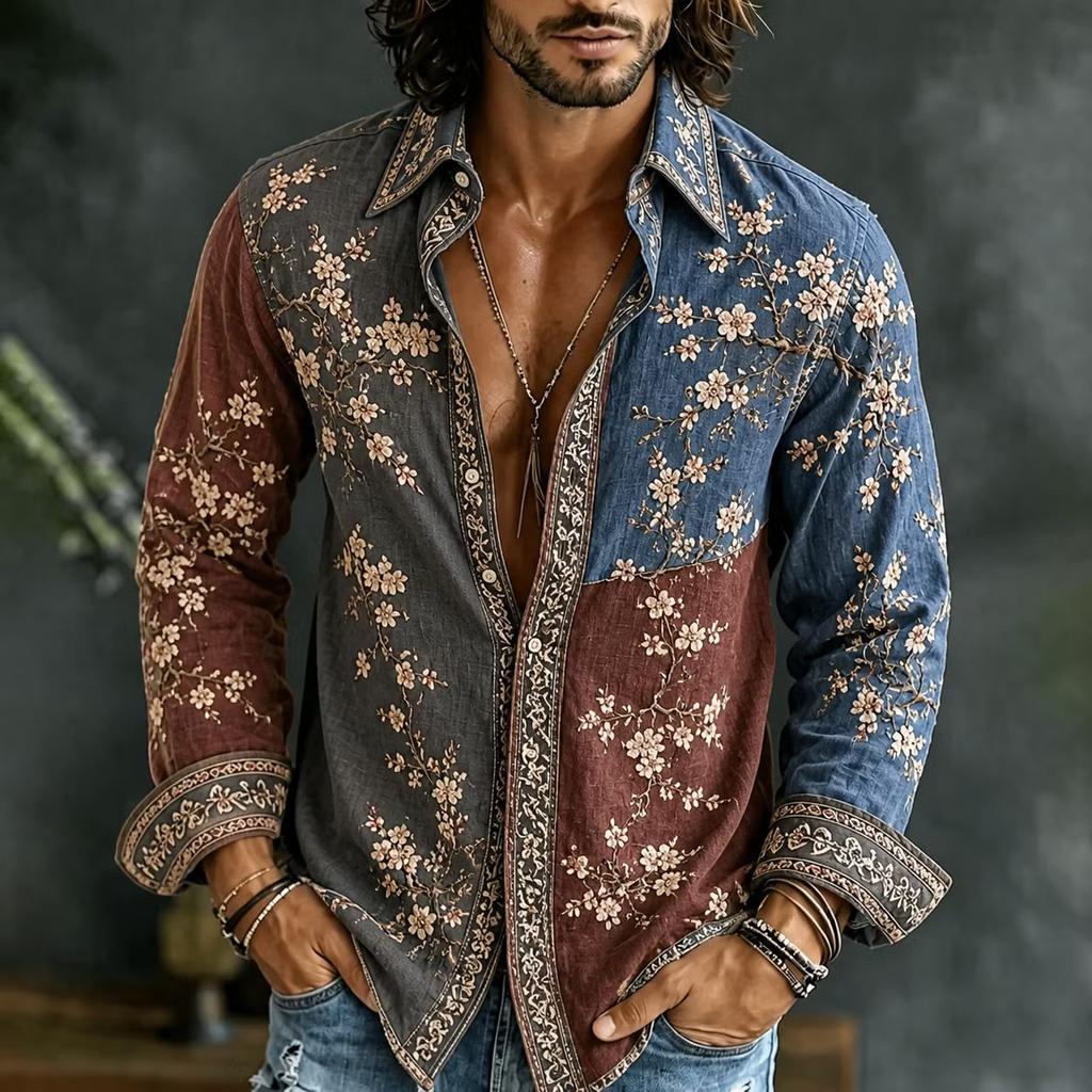 Camisa de Manga Larga para Hombre con Estampado 3D de Vid Bohemio Ropa Casual Suelta de Arte Retro