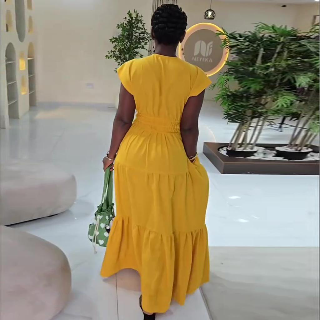 European and American Summer New African Casual Women's Clothing V-neck Elastic Waist Ruffle Edge Dress