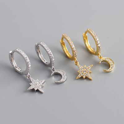 Diamond Zircon Star And Moon Earrings S925 Sterling Silver