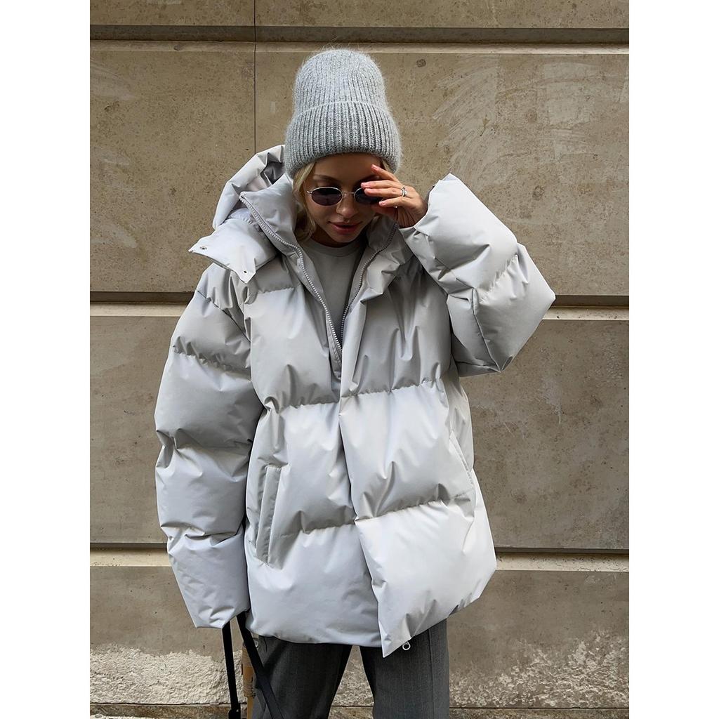 2025 Winter Women's Cotton Coat European American New Style Loose Puffer Jacket Solid Color Hooded Outerwear