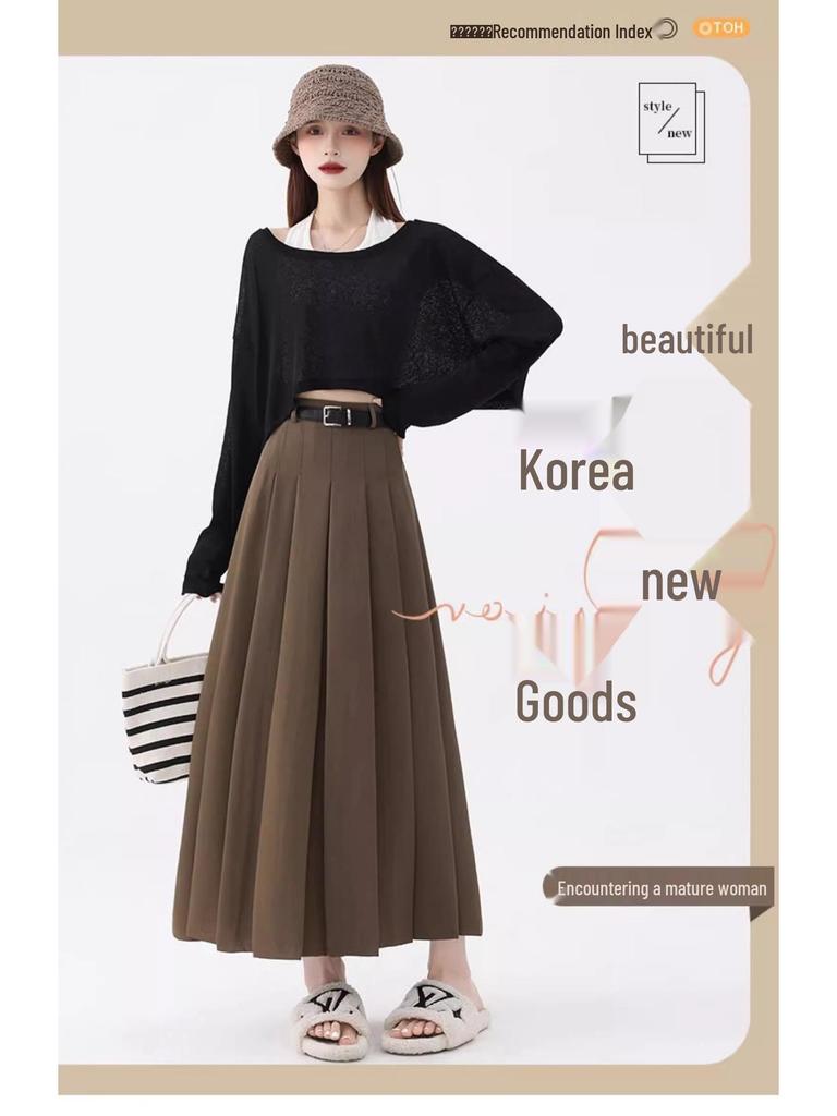 Women's High Waist Gray A-Line Pleated Mid-Length Skirt - Spring, Summer, Autumn 2025