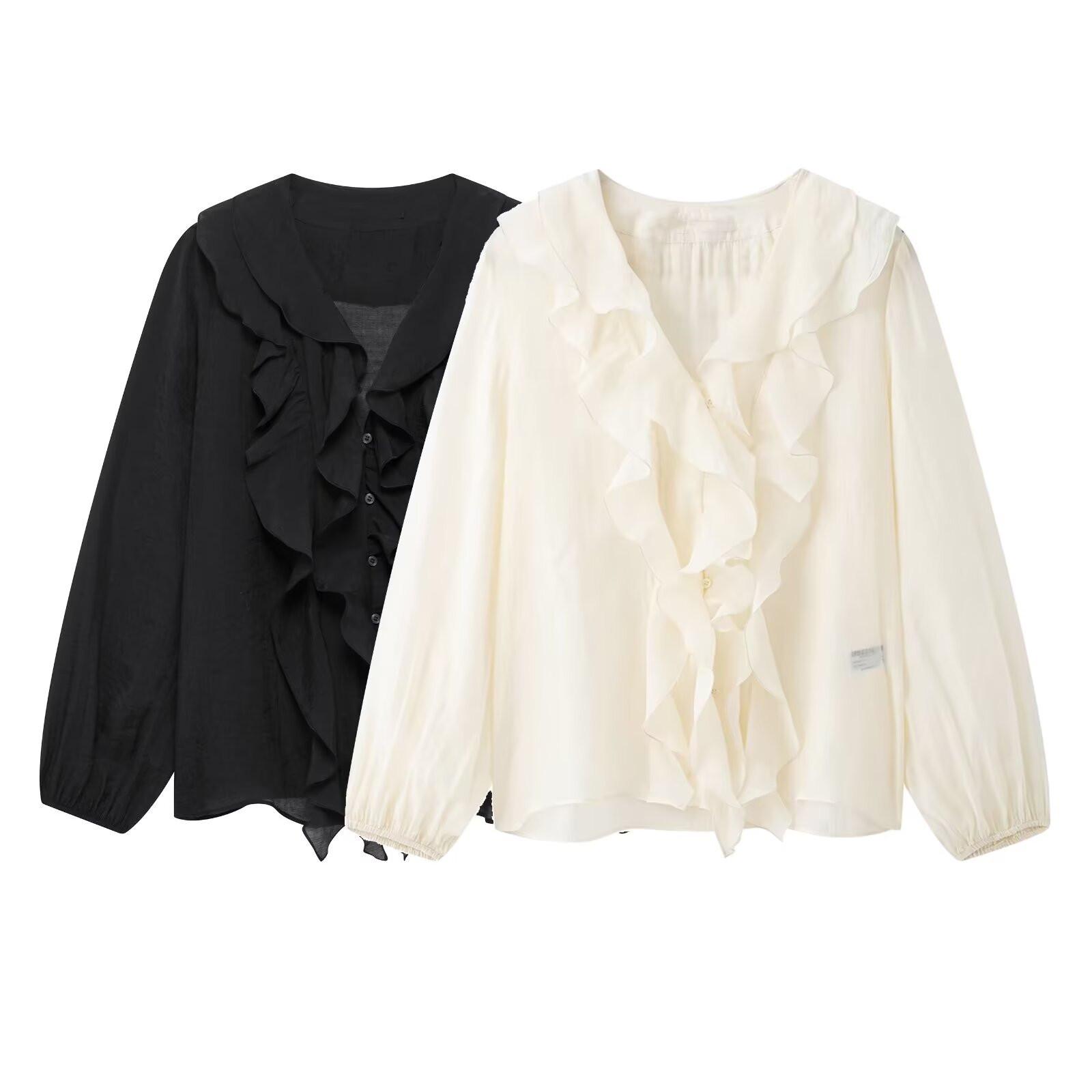 

2025 Spring Women s V-Neck Ruffle Layered Loose Slimming Top XS слоновая кость