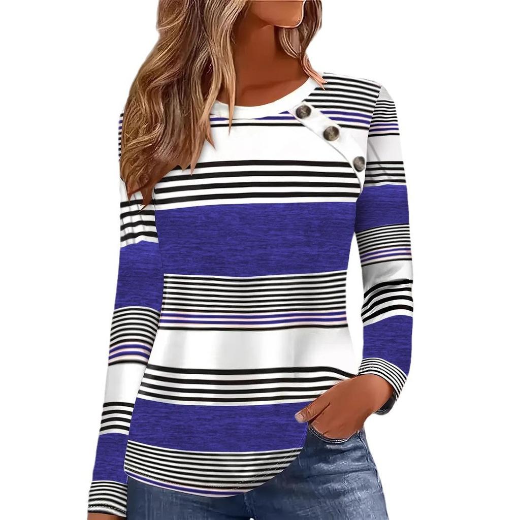 Spring and Autumn Stripe Splicing Color Contrasting Top Round Neck Long Sleeve Loose Women's T-shirts