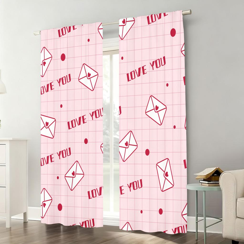2pcs Pink grid "LOVE YOU" envelope curtain   sweet confession   bedroom and living room   with a drawbar pocket decoration