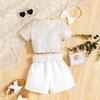 Girls Fashion Suit Summer Kids Sequin Short Sleeve T-shirt + Solid Color Shorts with Belt Suit