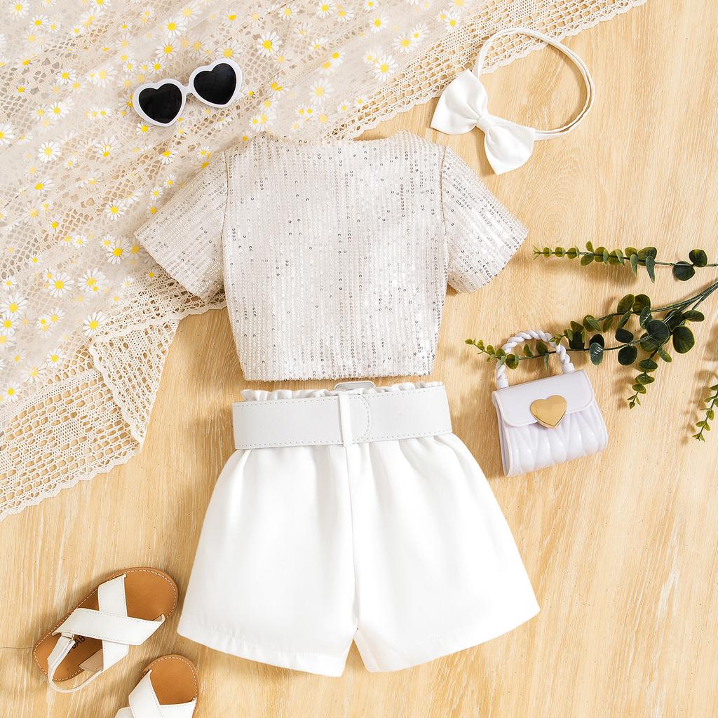 Girls Fashion Suit Summer Kids Sequin Short Sleeve T-shirt + Solid Color Shorts with Belt Suit