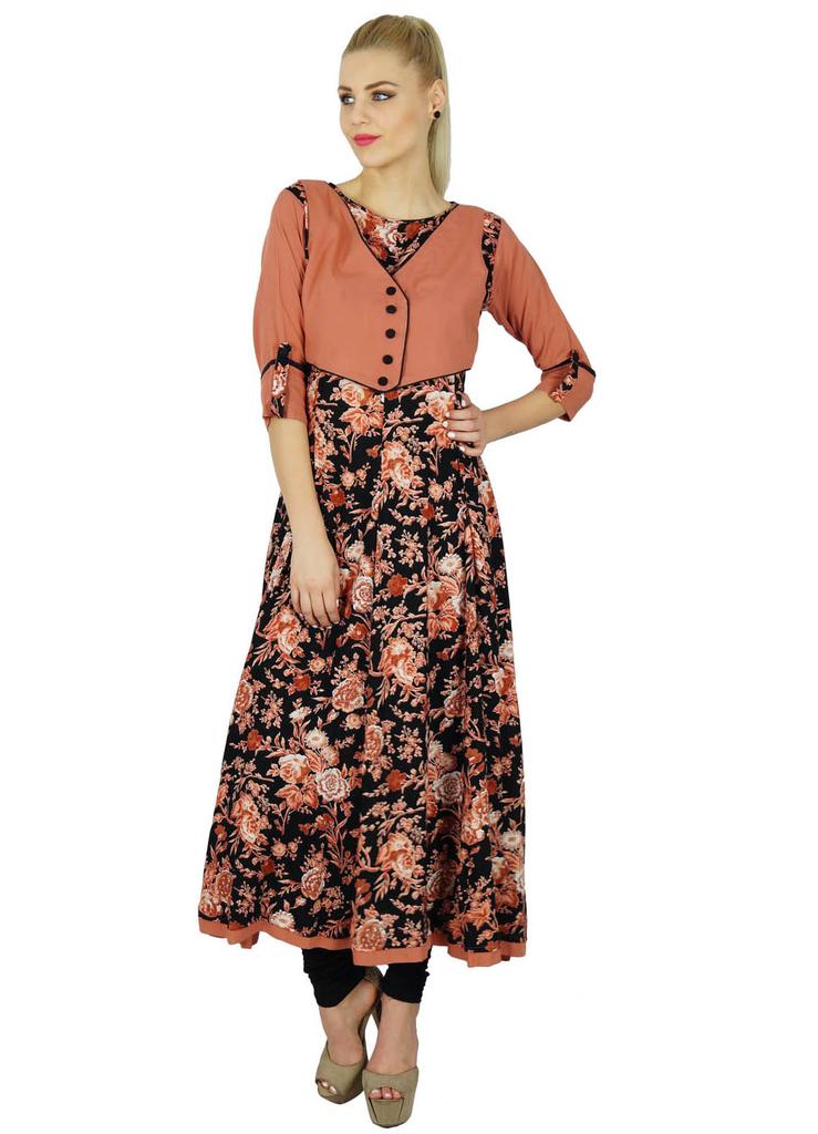 Bimba Women Floral Anarkali Custom Kurti Long Flaired Rayon Kurta Indian Ethnic